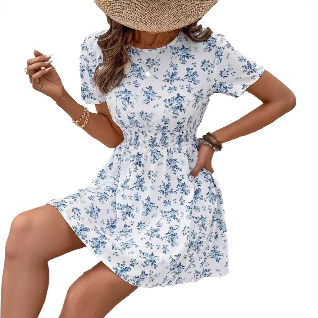 Light blue polyester A-line casual dress with high waist, regular sleeves, and V-neck on a model.