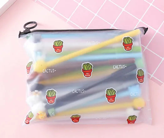 Marvel cartoon cactus boy and girl design pens in a plastic storage case.