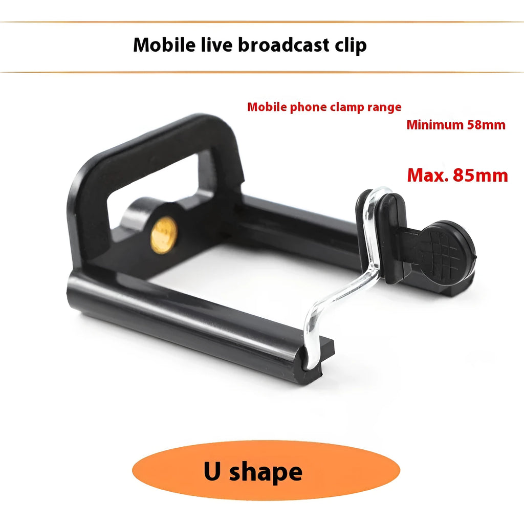 Black U clip plastic mobile phone holder bracket attached to a pole with a phone secured in the adjustable grip.
