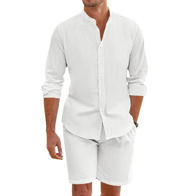 Men's linen-blend casual suit with short-sleeve button shirt and drawstring shorts.