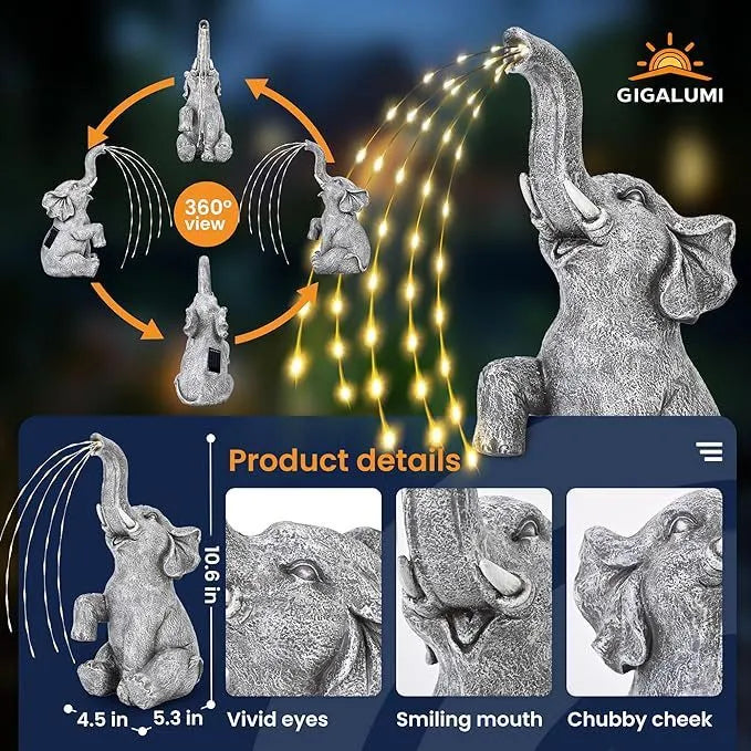 Outdoor resin elephant garden statue with integrated LED light strip.