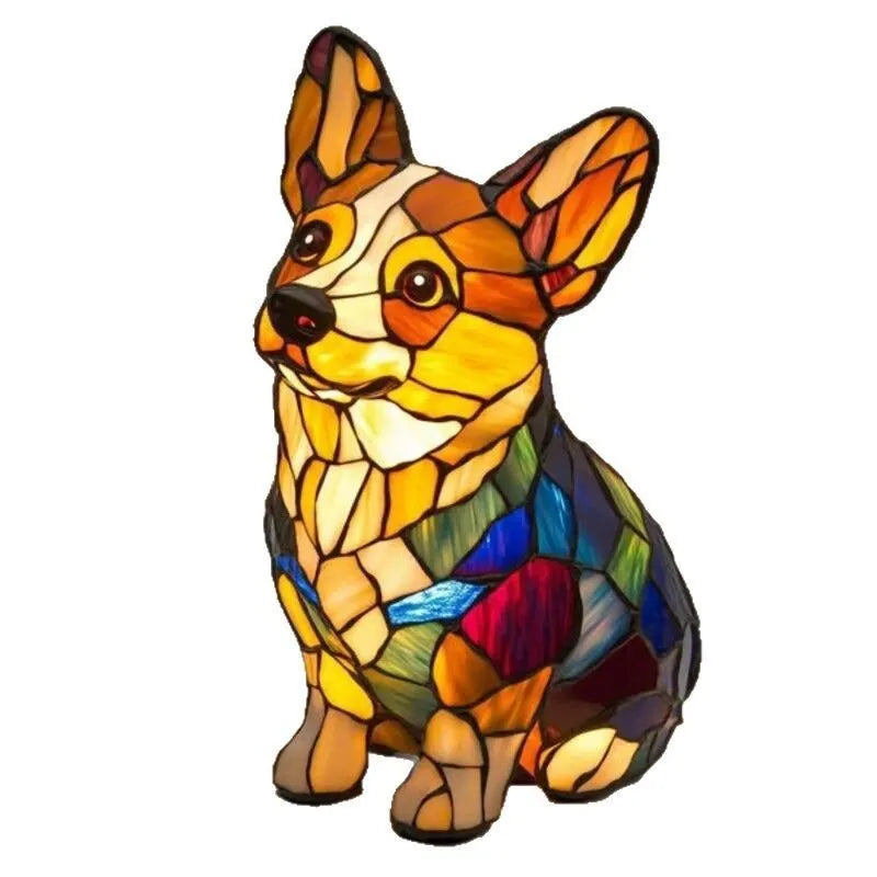 Colourful resin dog lamp decoration in pug shape, button battery powered, on a shelf
