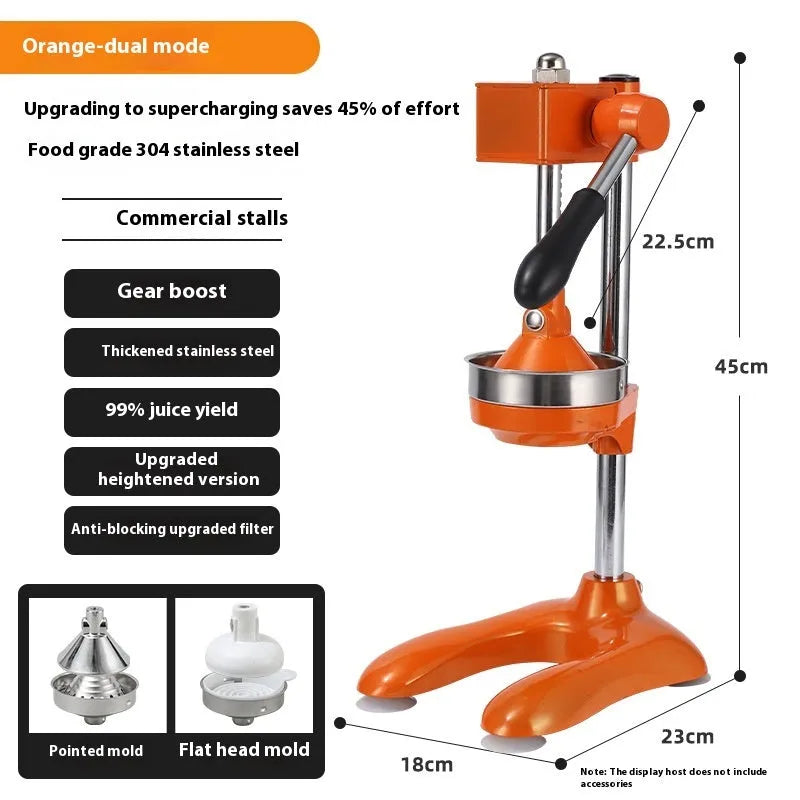 Vertical stainless steel manual juicer with three tip options: pointed head, flat head, and double head.