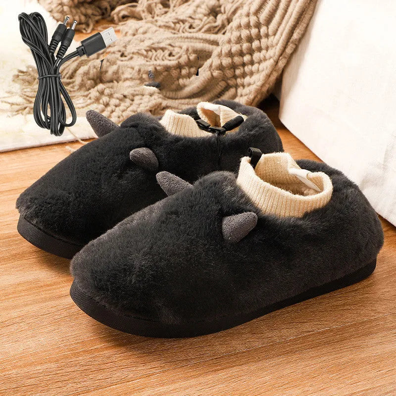 USB electric heating slippers in grey with adjustable temperature control and soft velvet upper.