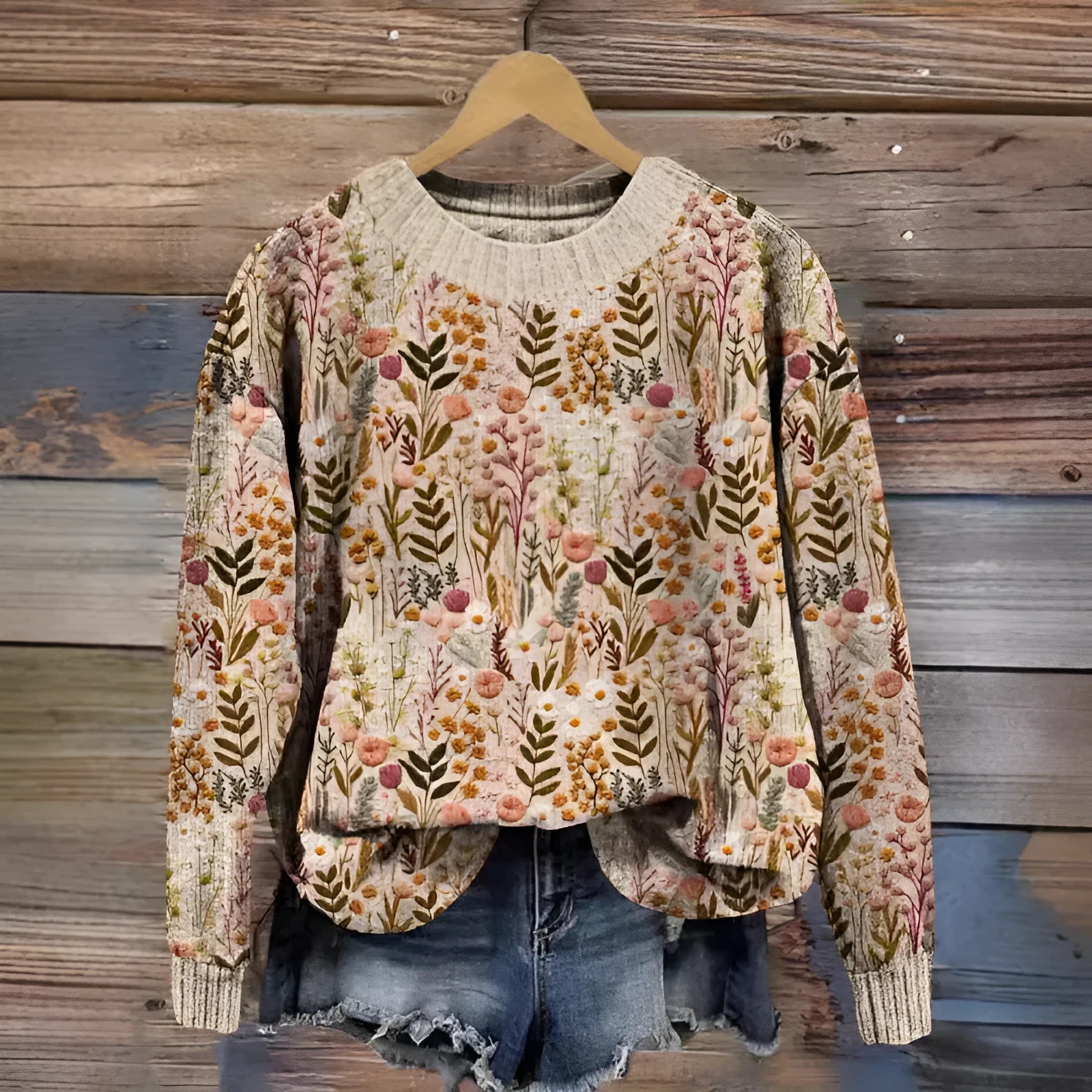 Women's round neck sweater with a small digital floral print in a solid colour.