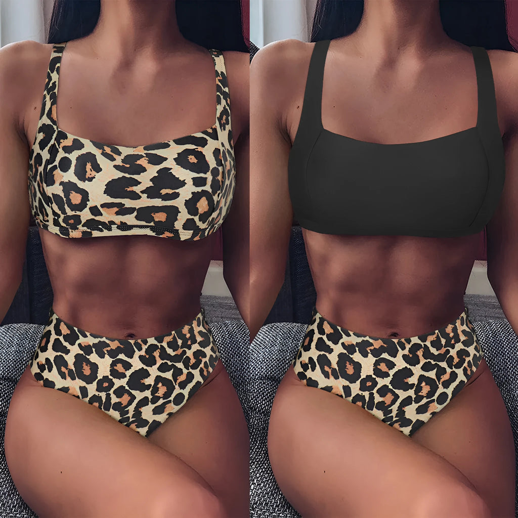 High waist bikini set with push-up top and brief-style shorts in leopard print and multi-colour options