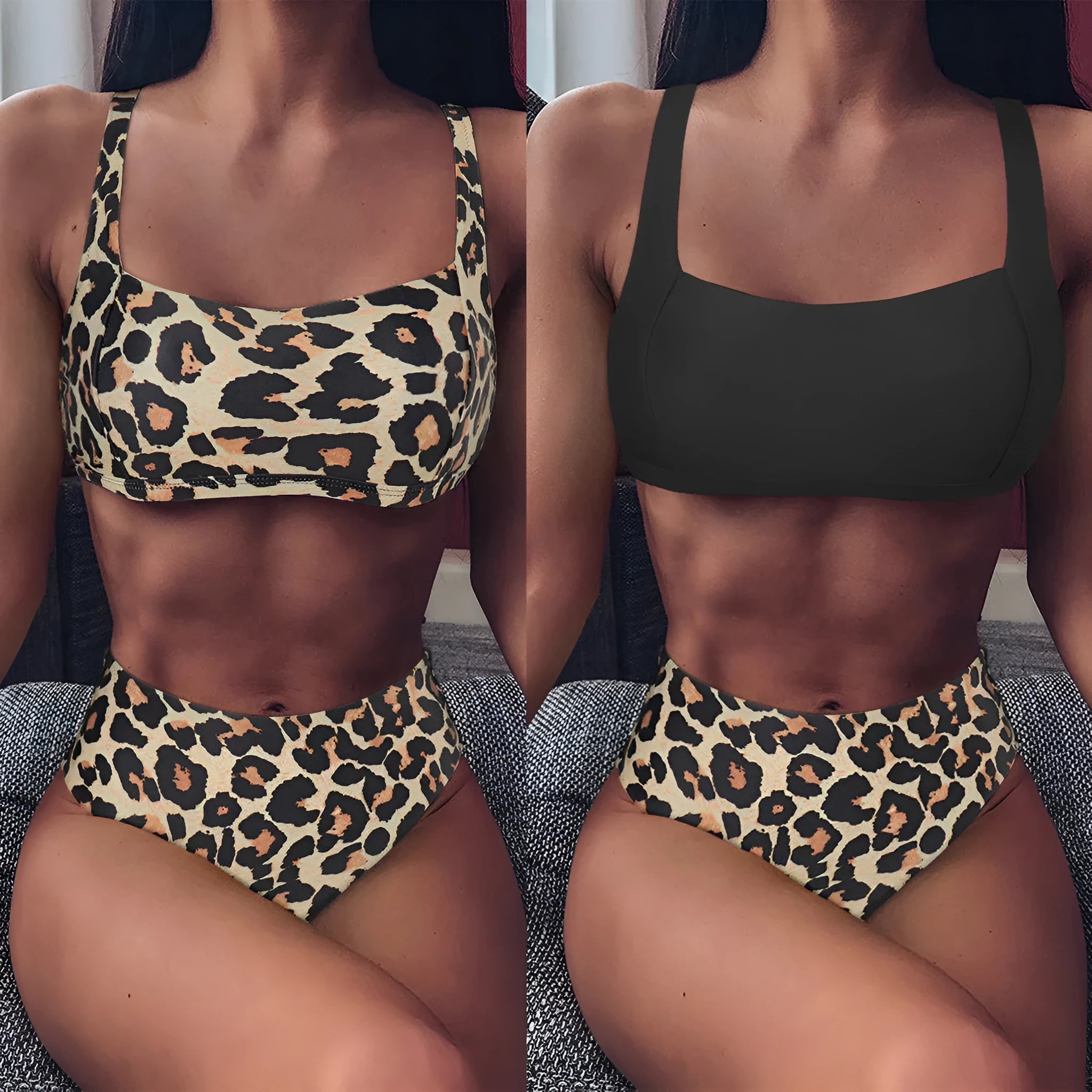 High waist bikini set with push-up top and brief-style shorts in leopard print and multi-colour options