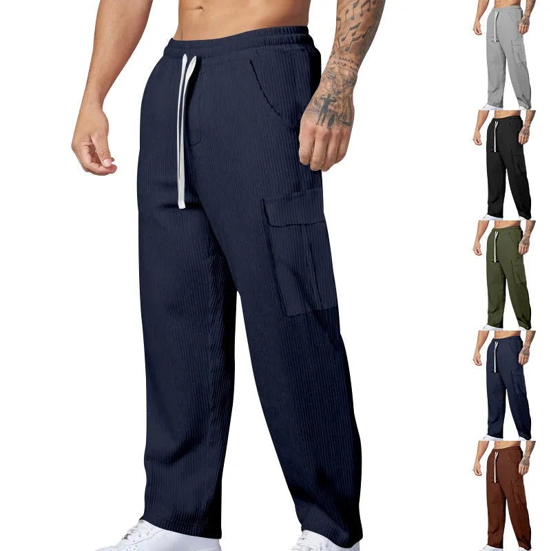 Men's corduroy cargo trousers in straight-leg design with micro-elastic waist and drawstring closure