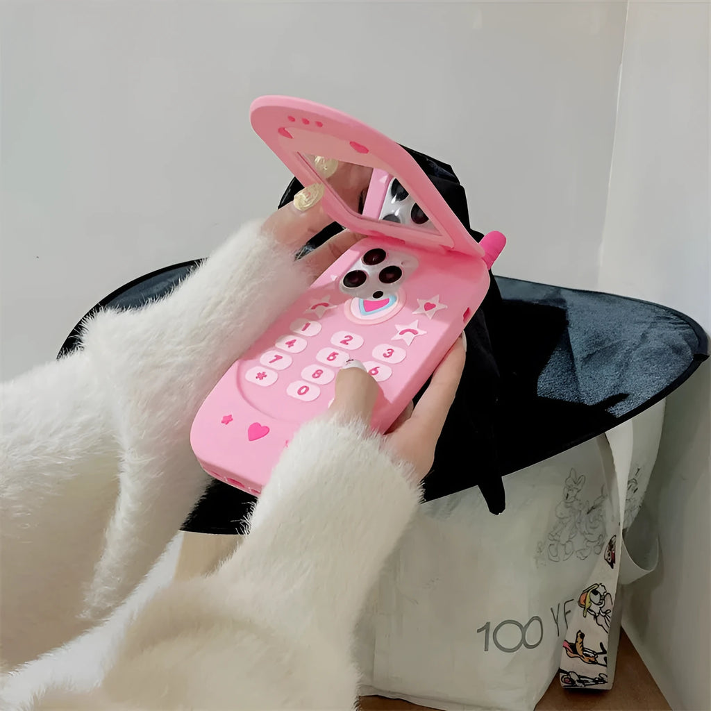 Pink silicone flip phone shaped case with mirror for iPhone models