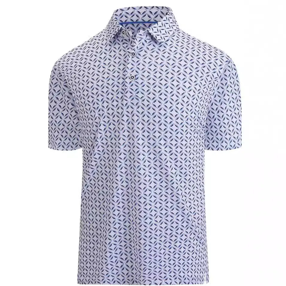 Man wearing a 3D print short sleeve top with Japanese retro style and zipper details.