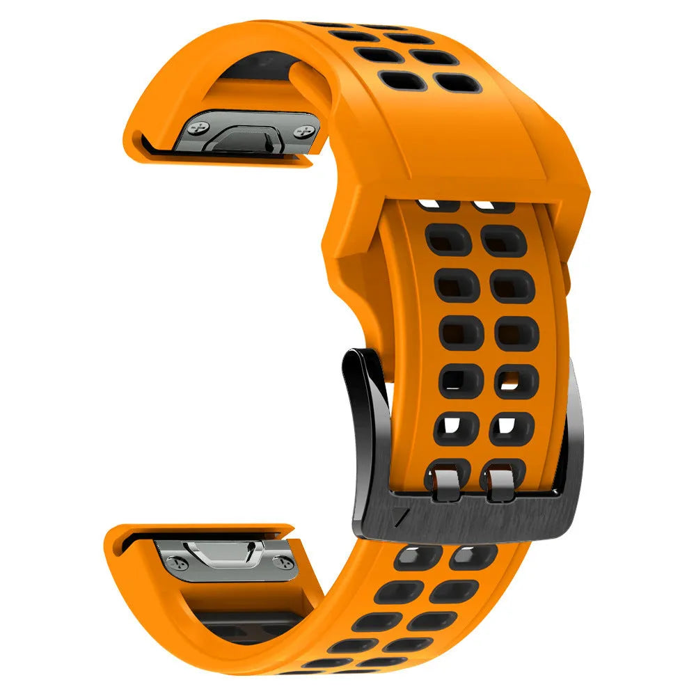 Two-tone quick-release silicone watch strap with pin buckle in black and orange colour
