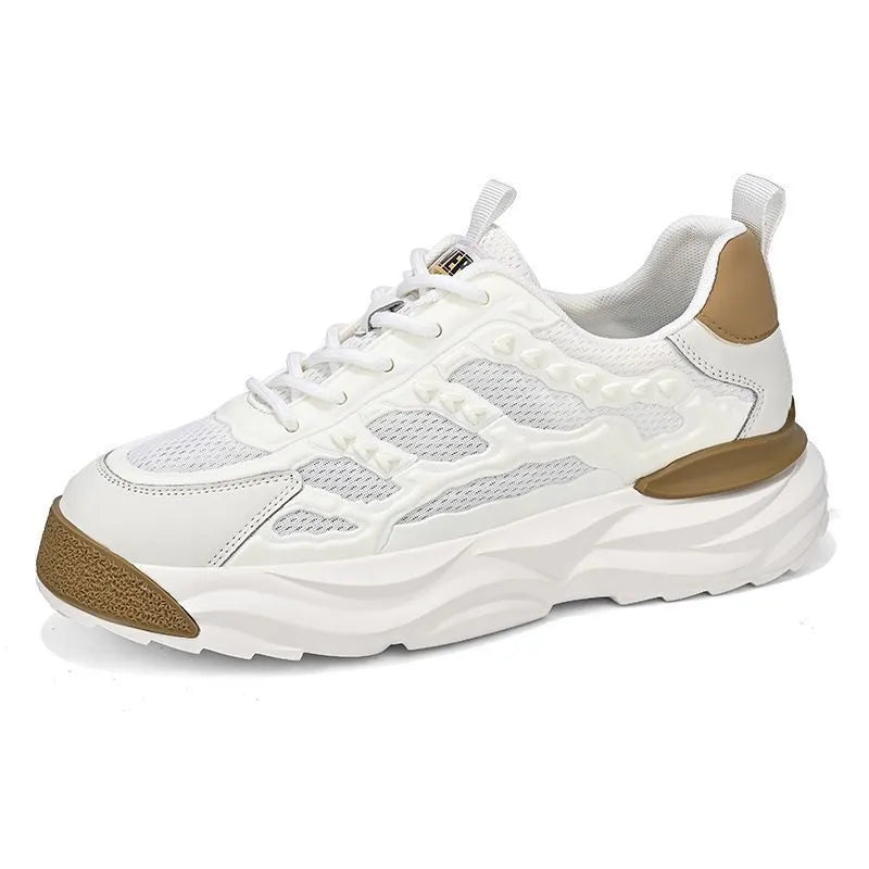 Men's white and black breathable mesh casual shoes with round toe, shown from the side.