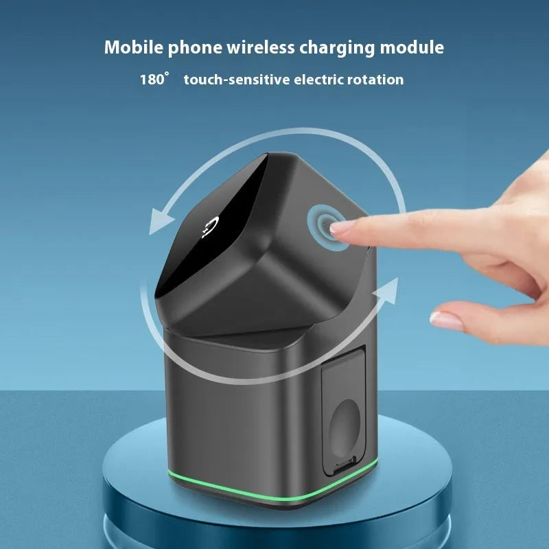 Black mobile phone magnetic wireless charging stand on a desk, showing its 180-degree rotation feature.