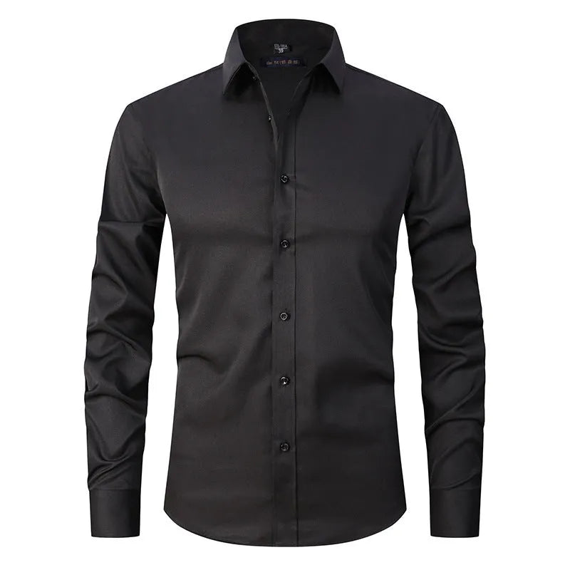 Man wearing a solid colour long sleeve polyester work shirt, showcasing the professional fit and style.