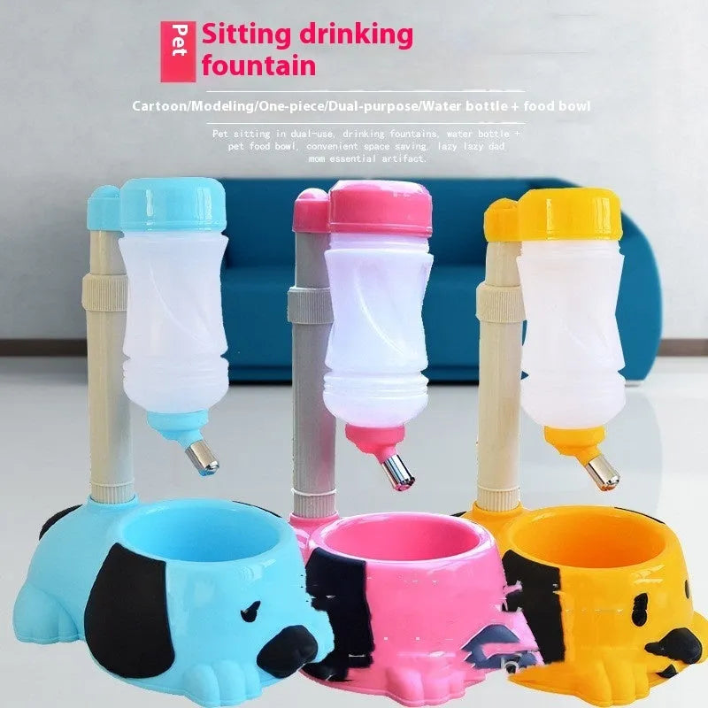 Adjustable plastic pet drinking bowl in pink, blue, or yellow with height adjustment up to 42cm.
