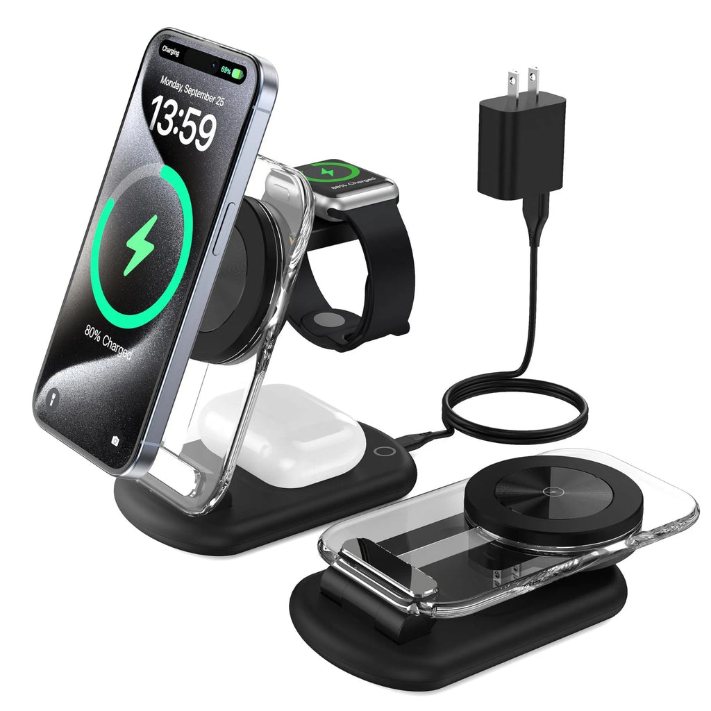 Transparent folding magnetic wireless charger showing three charging areas