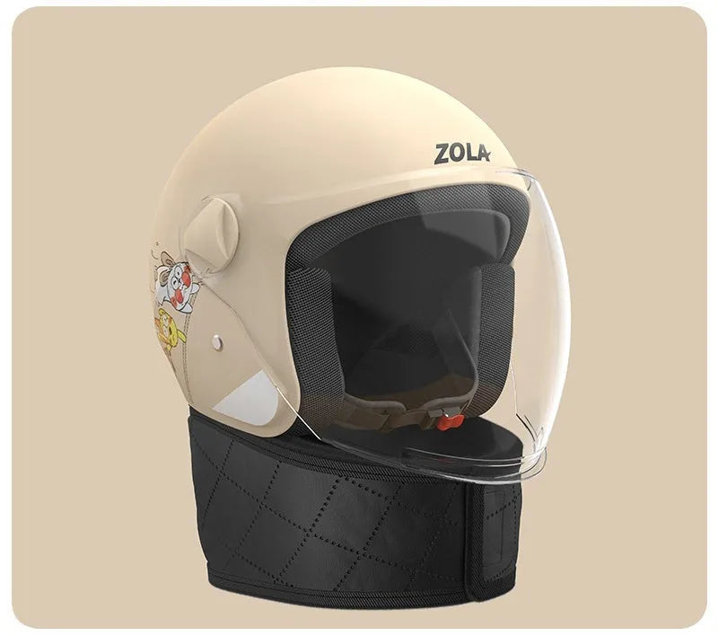 Adult electric bicycle helmet with attached winter scarf and anti-fog visor in blue colour