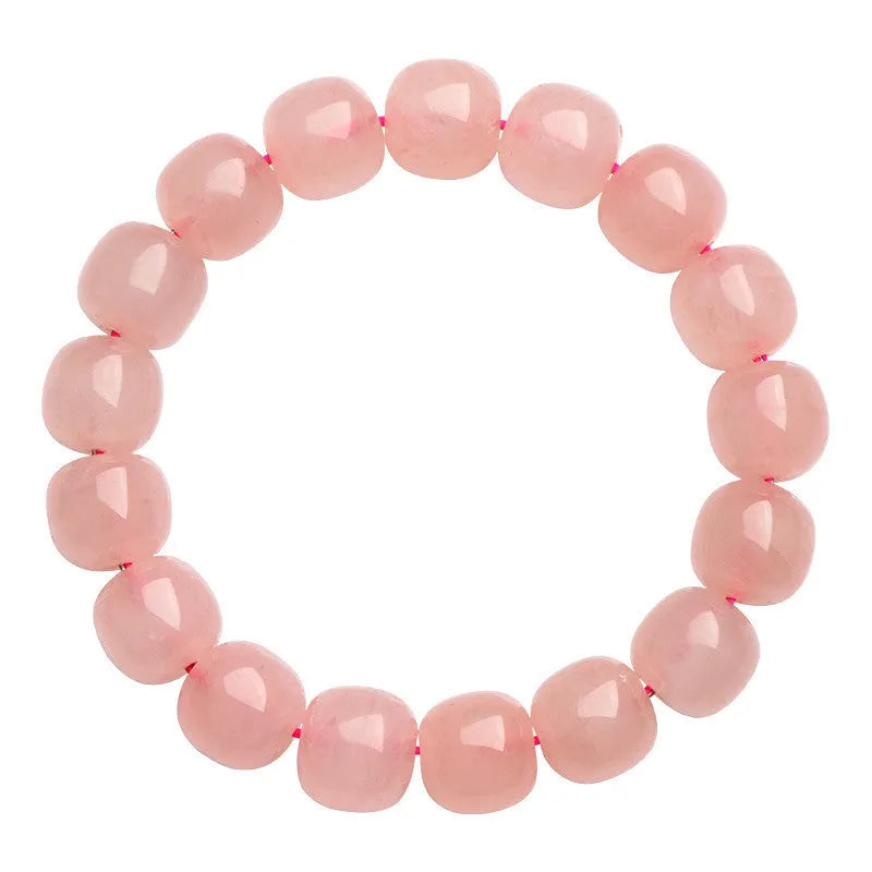Natural pink crystal barrel-bead bracelet with 8x10mm polished geometry beads