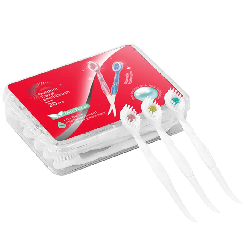 Box containing 20 disposable bead toothbrushes for travel and portable oral hygiene