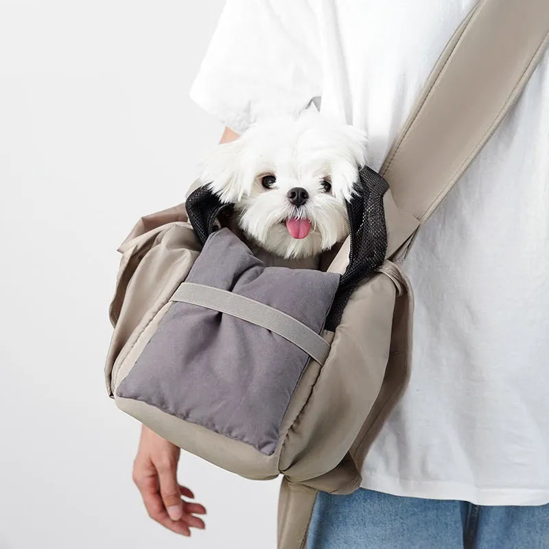 Apricot cloth pet carrier handbag showing portable design for pet transport