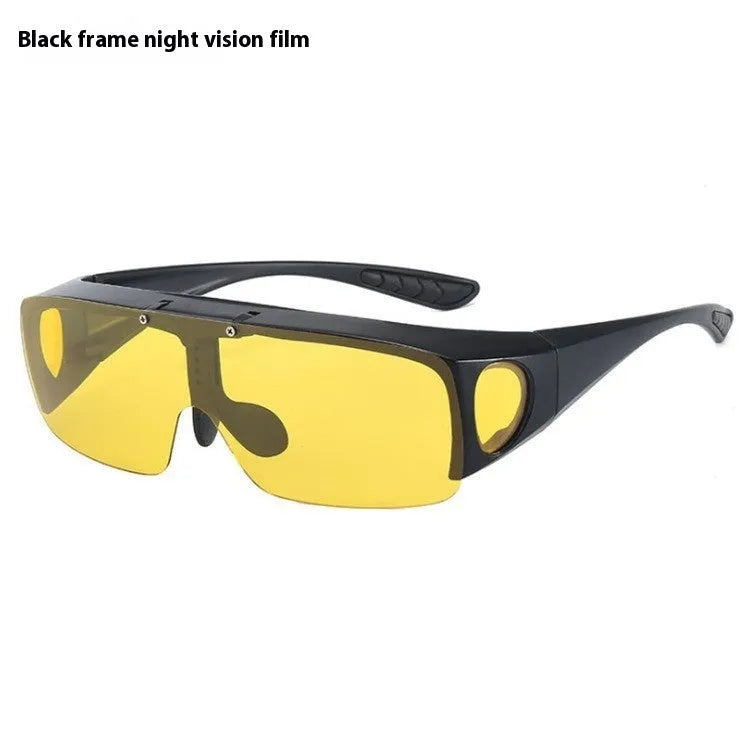 Polarized clip-on sunglasses with a one-piece frame shown in multiple lens colour options including black and grey
