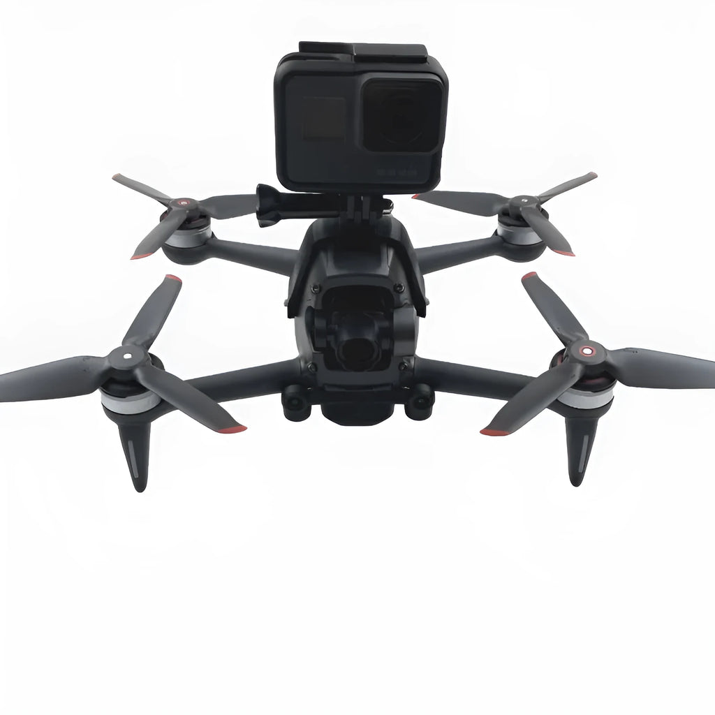 White 3D-printed FPV drone top mounting bracket for GoPro action cameras