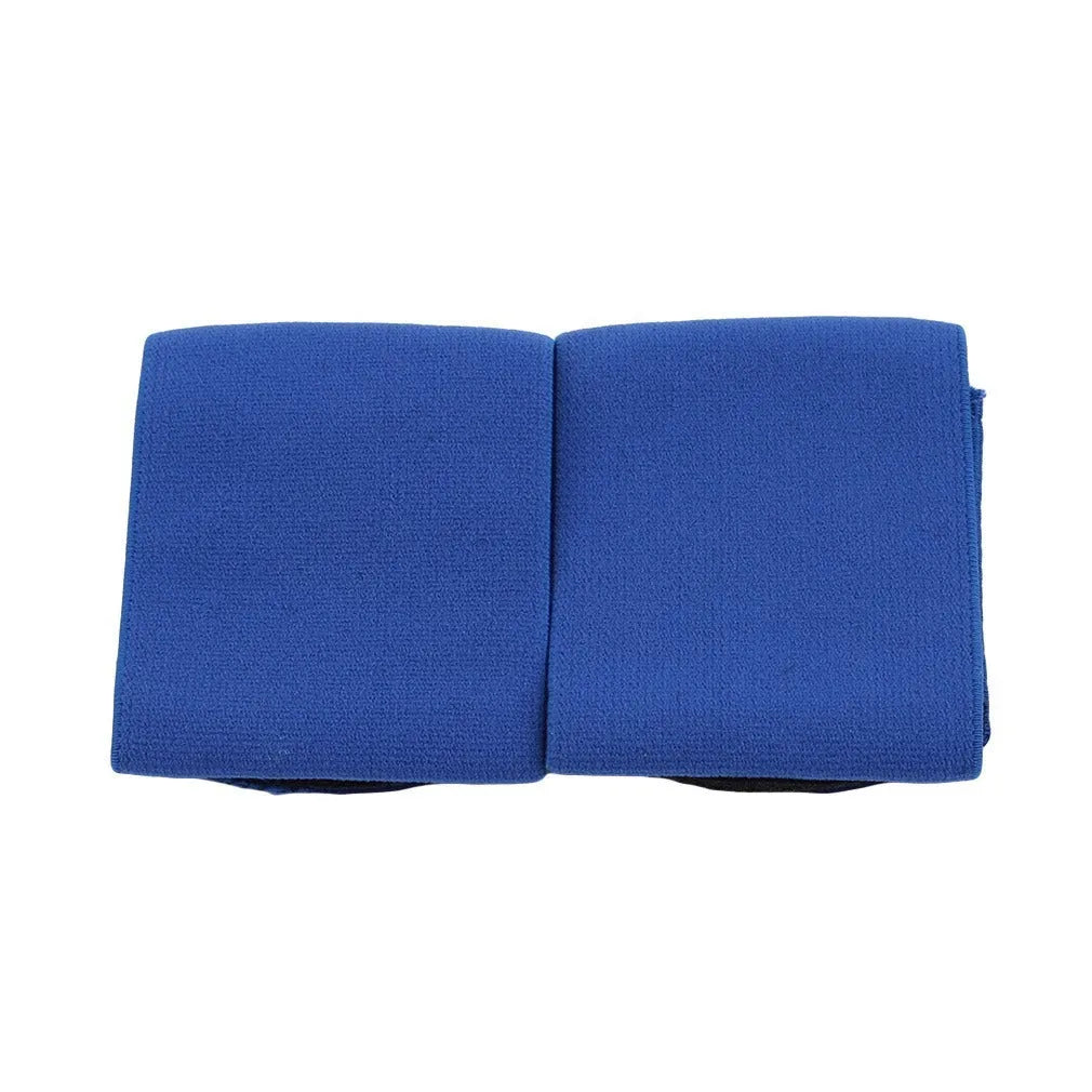Red rubber football shin guard tape belt showing 25cm length and elastic construction