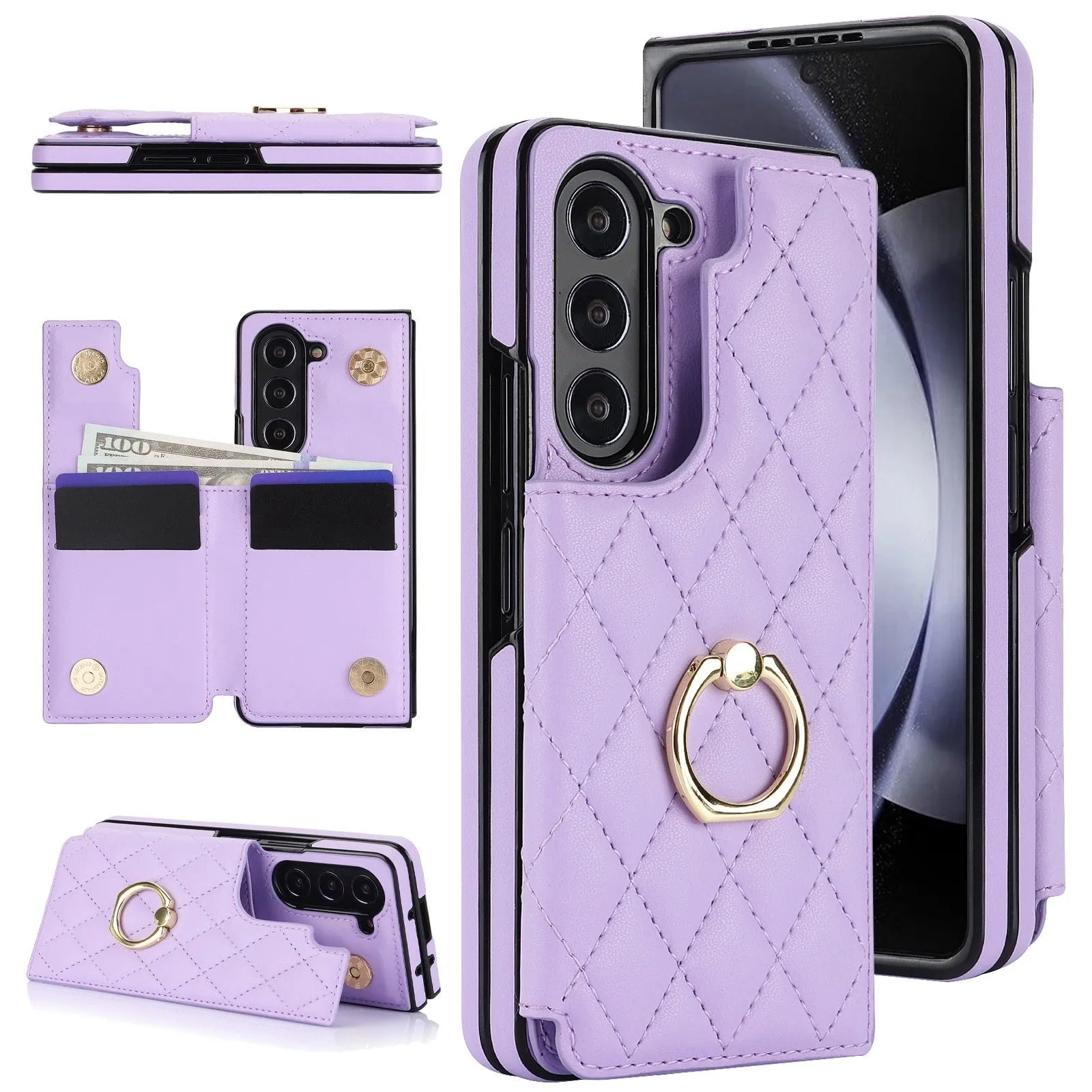 Samsung ZFold ring double buckle PU case black back cover with folding shell design