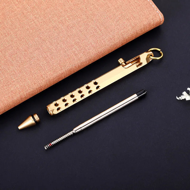 Brass hexagonal bolt pen showing six-sided barrel and bolt detailing with 0.5mm rollerball tip