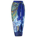 Women's blue printed one-piece swimsuit with matching gauze skirt, a holiday outfit set for swimming.