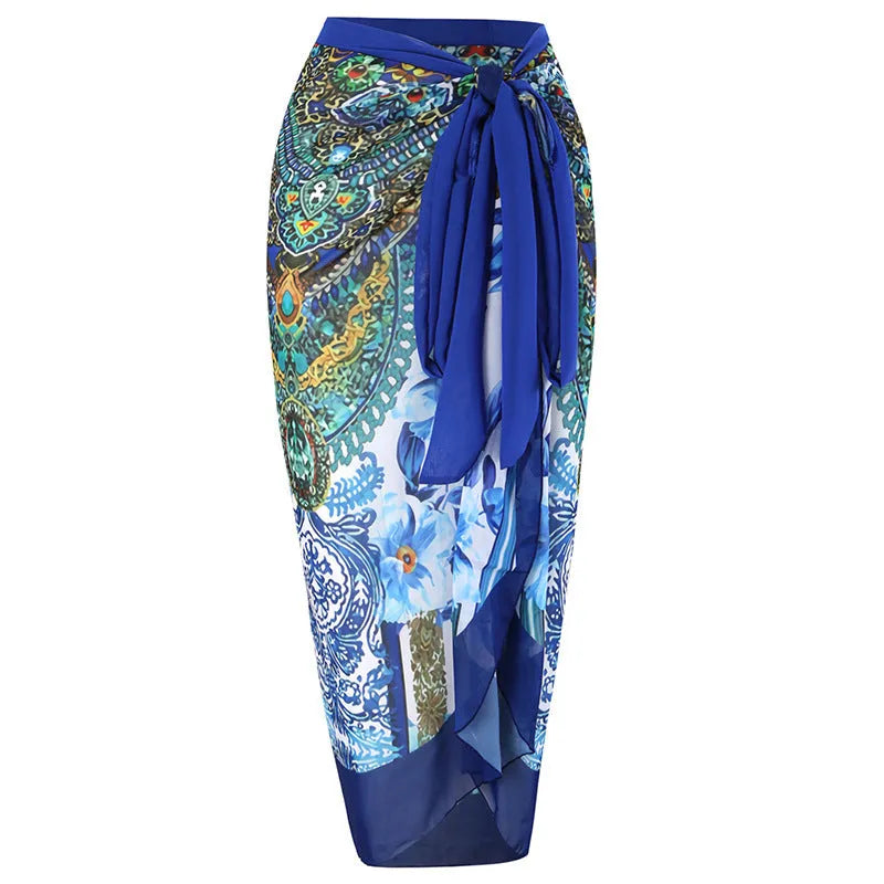 Women's blue printed one-piece swimsuit with matching gauze skirt, a holiday outfit set for swimming.