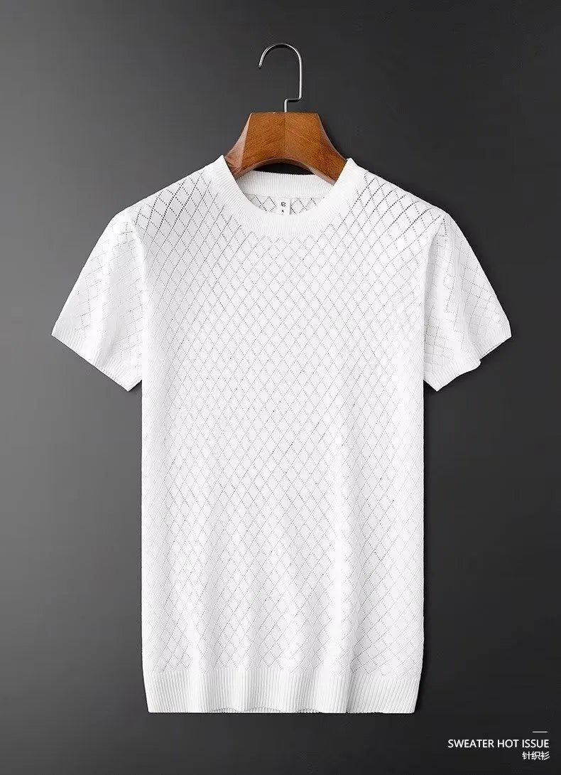 Men's black and white ice silk short sleeve t-shirt showing V-neck and round neck styles on hanger.