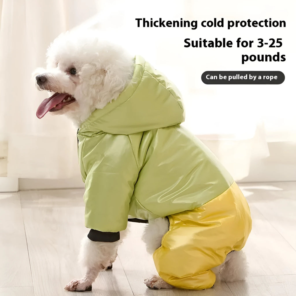 Waterproof windproof cotton-padded dog clothes with four-legged design in green, pink, or white colours
