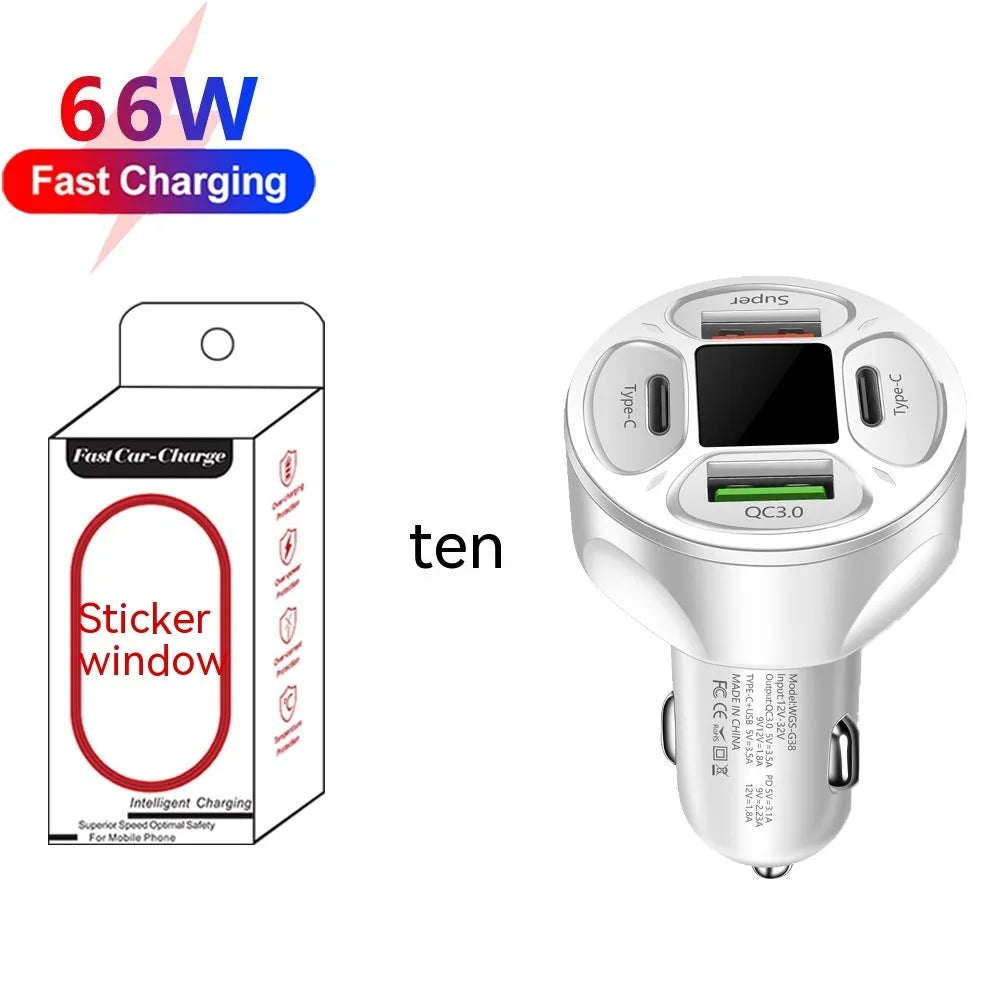 66W digital display car charger with two USB and two Type-C ports showing compact black design