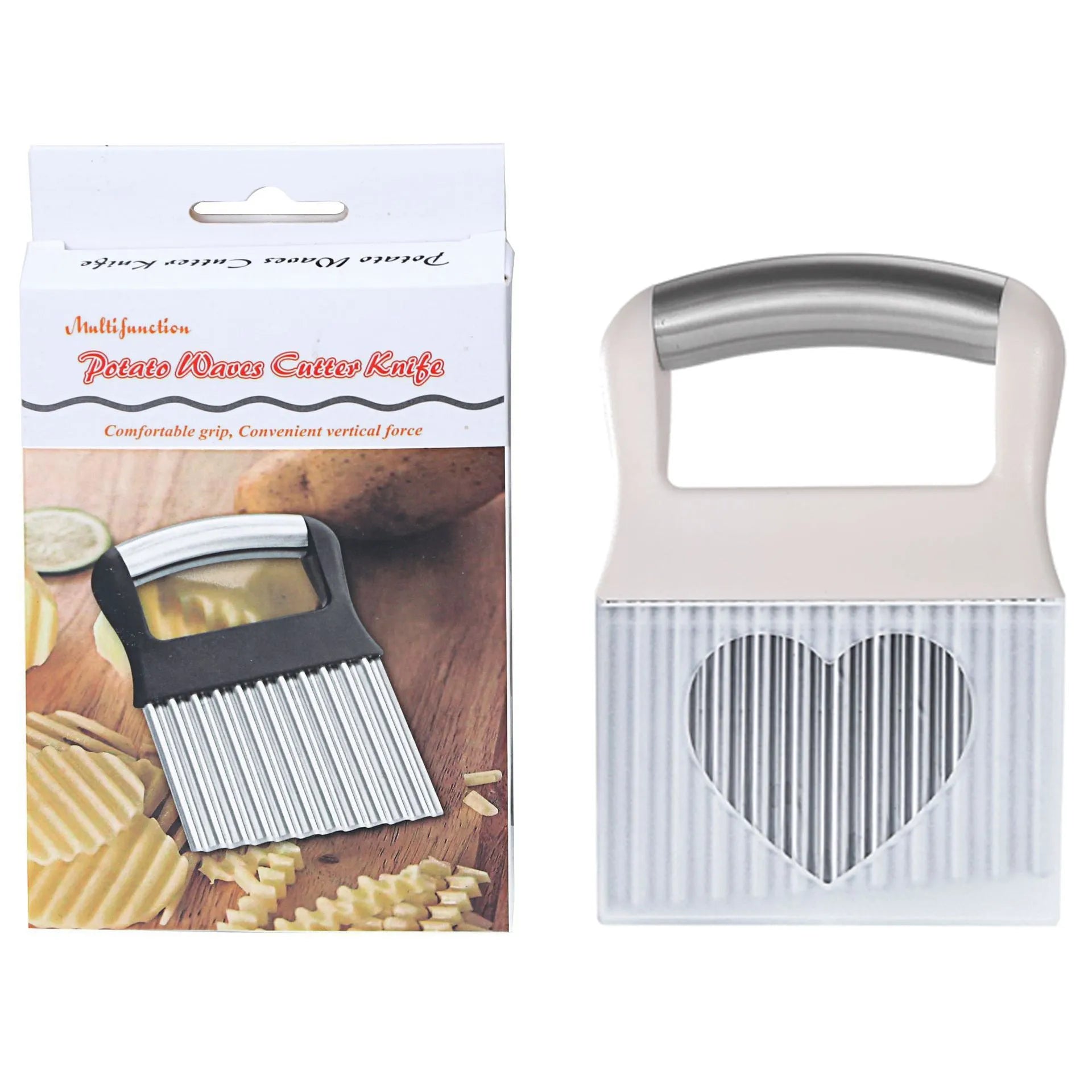 Stainless steel potato wave knife for cutting crinkle chips, shown in black and white.