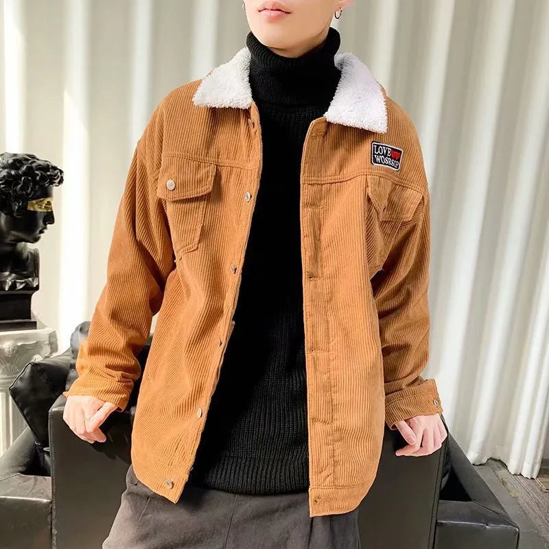 Corduroy workwear jacket in khaki colour with size stick pockets and regular sleeves
