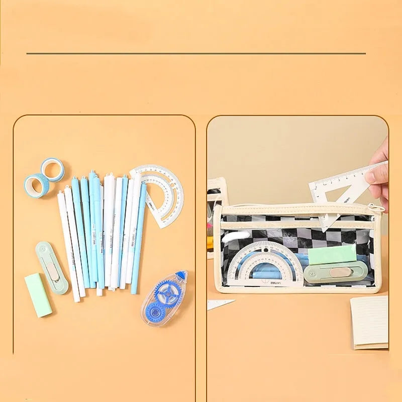 Transparent PVC pencil case with chessboard pattern showing pens inside, 21.5 cm length