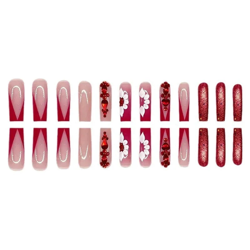 Sweet Flowers pattern false nails with prismatic red diamonds in European Square long style with nail glue and file