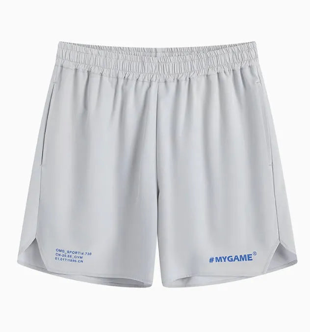 Men's grey fitness training shorts made from quick-drying polyester and spandex fabric.