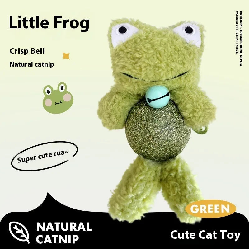 Brown bear plush catnip ball toy with bell, shown next to a 4cm mint ball.
