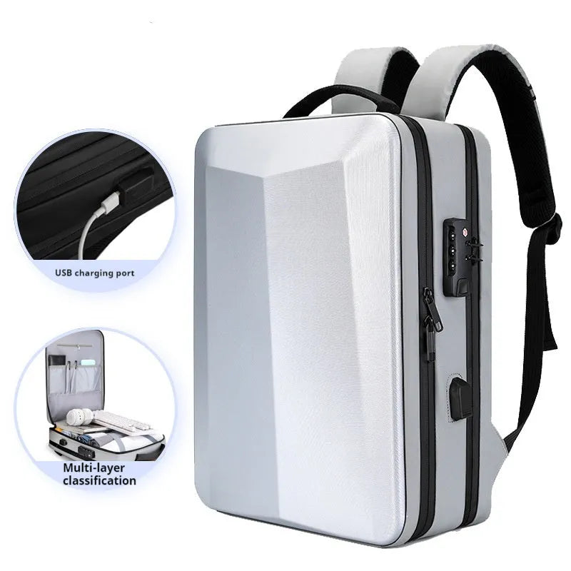 Waterproof black business backpack with curved shoulder straps showing ABS PC Oxford cloth construction