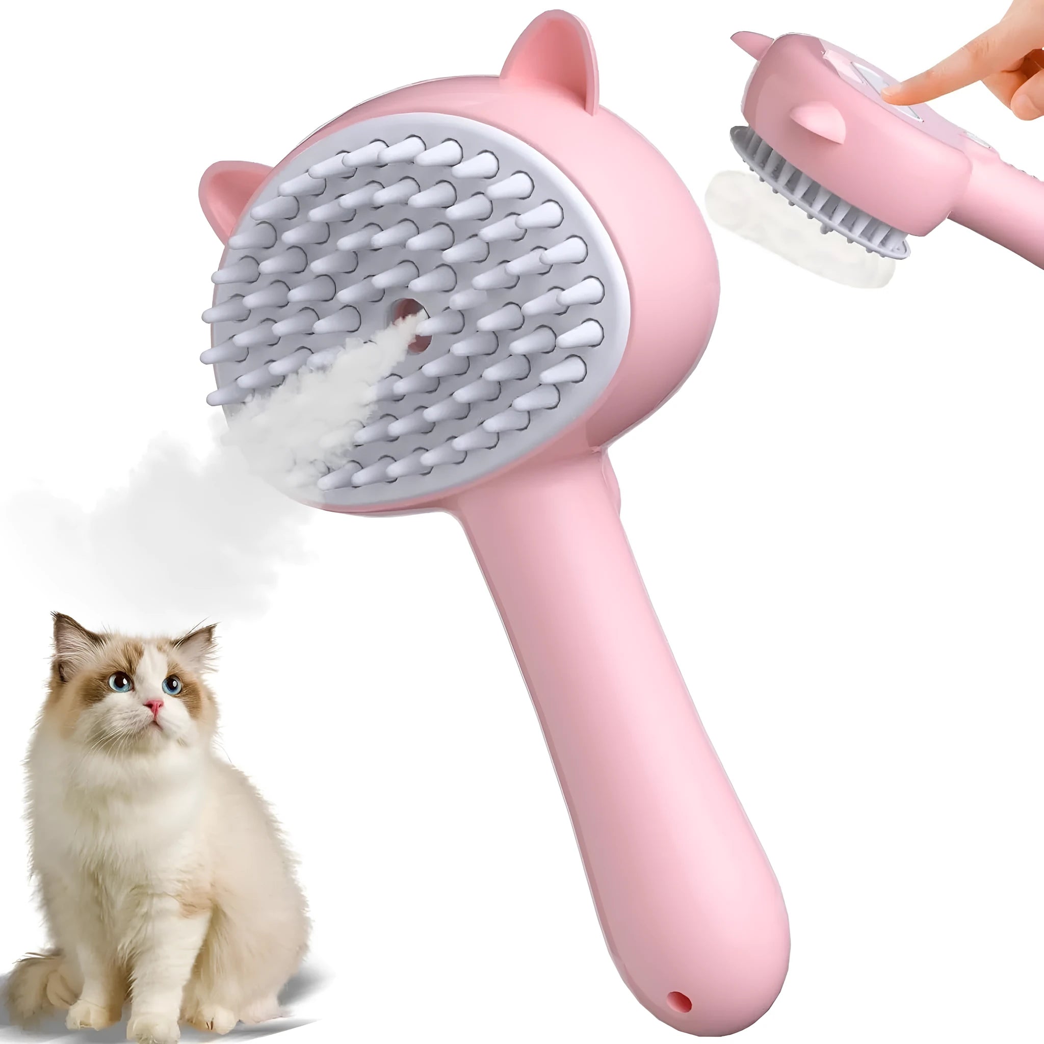 Blue cat-ear shaped steam brush for pet grooming with rubber bristles and a release button.