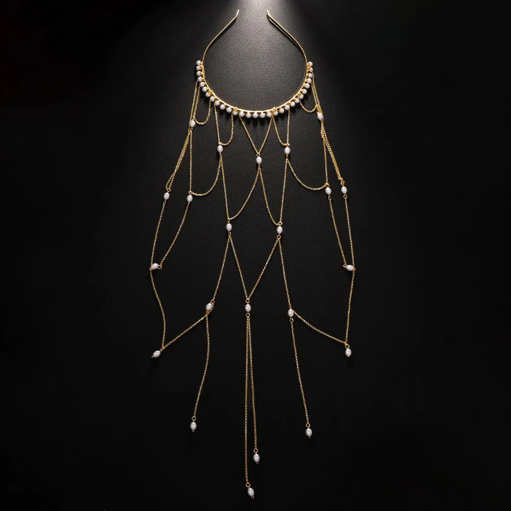 Gold electroplated mesh hair chain with pearl decoration and tassel detail for women