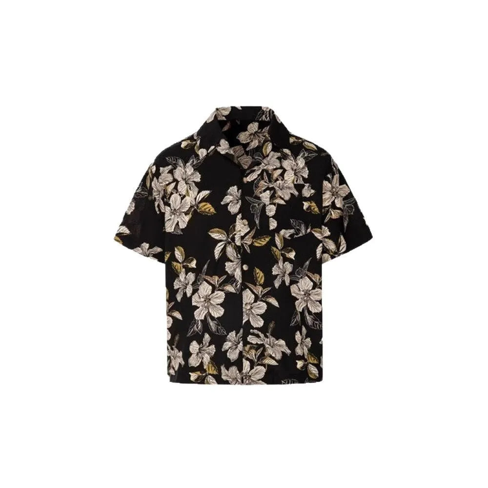 Men's black floral ice silk shirt with vintage Cuban collar and short sleeves