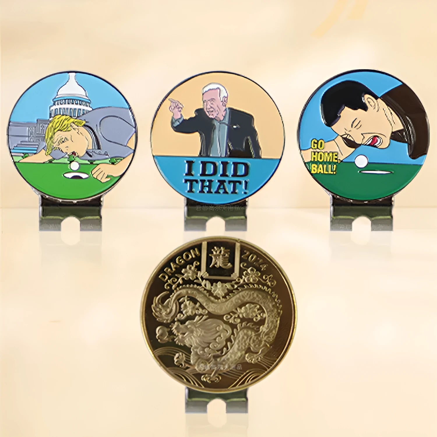 Zinc alloy personalised hat clip for golf with dragon year and IDID designs.