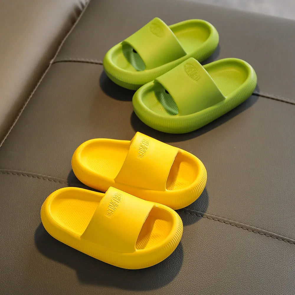 Children's EVA slippers with non-slip soles in mixed colour options showing size range