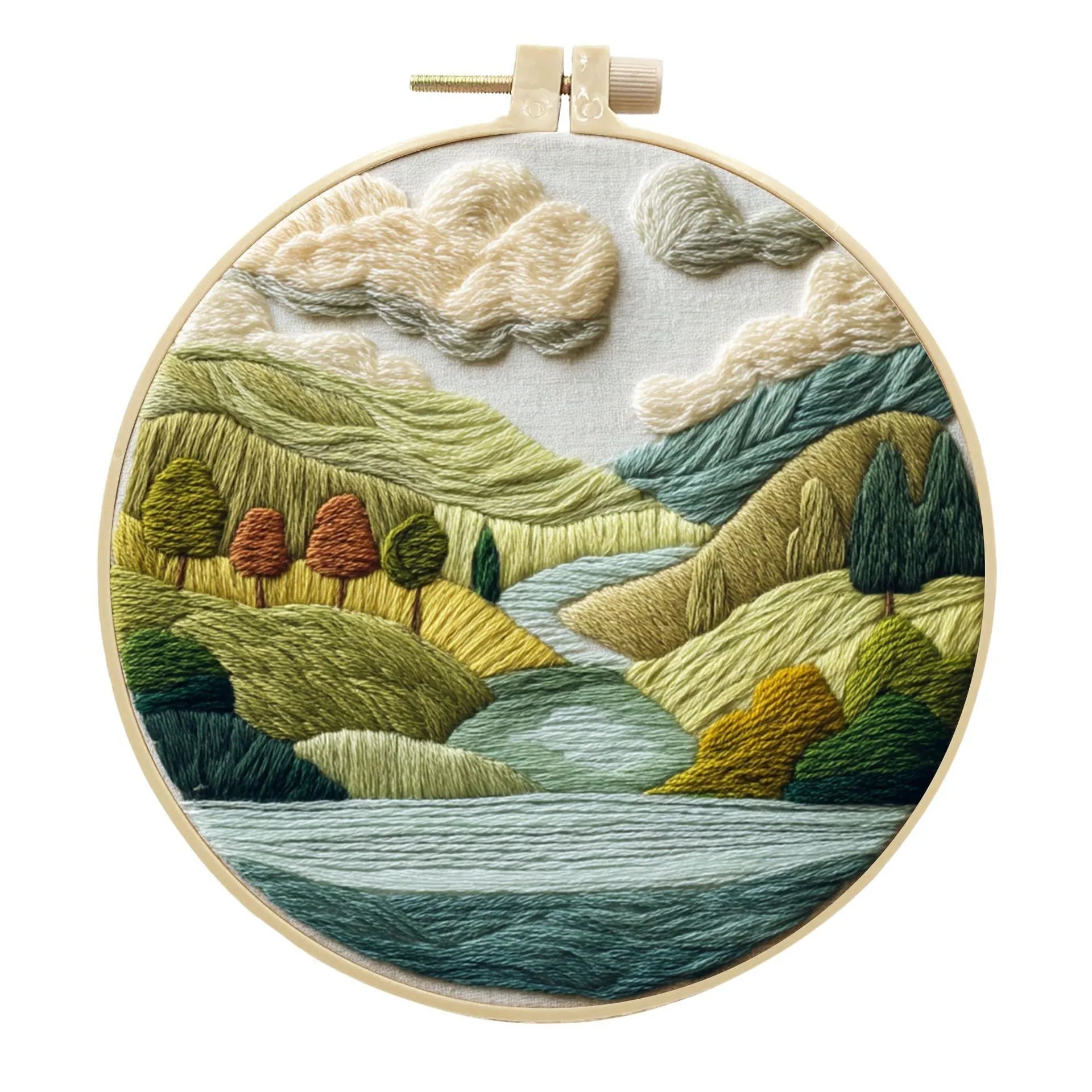 Embroidery DIY kit with printed landscape fabric, embroidery threads, needles, and frame for handmade cloth art