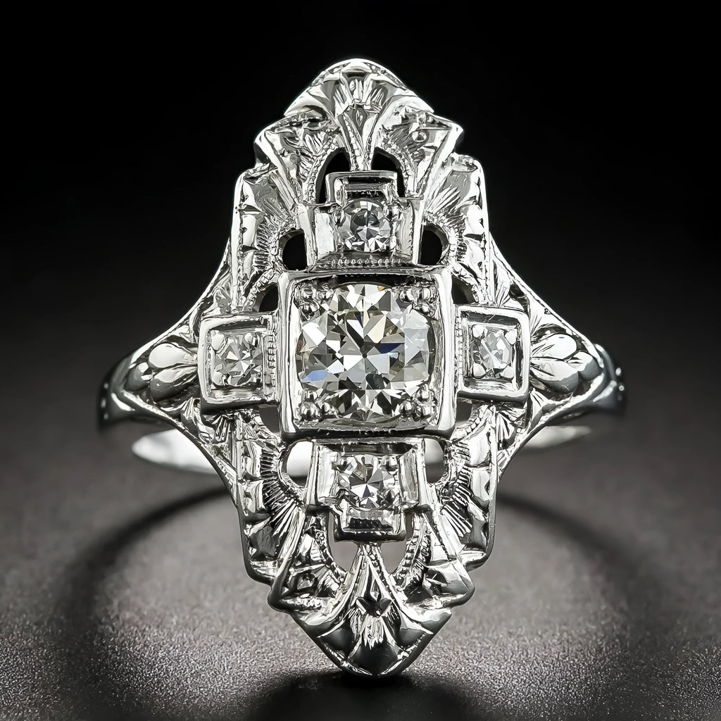 Geometric pattern hollow-out silver plated ring with diamond studs on a copper base.