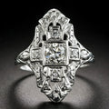 Geometric pattern hollow-out silver plated ring with diamond studs on a copper base.