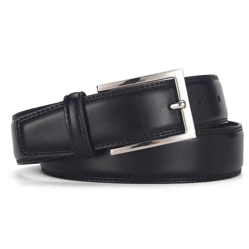 Men's genuine leather pin buckle belt in brown, showing the alloy buckle and belt length.